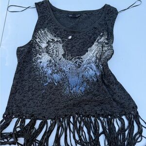 Rock & Republic Black and Gray Graphic Fringe Tank Top